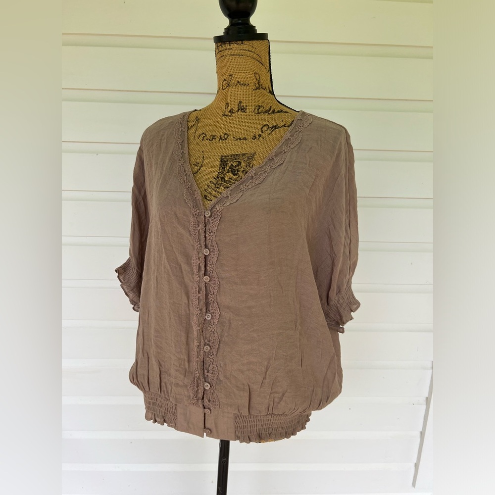 LOVE STITCH sewn with love, Mocha Lace Button Down Top, Size L